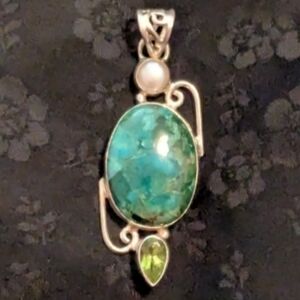 Artisan Handmade Solid Sterling Silver Pearl Genuine Chrysocolla Peridot Pendant
